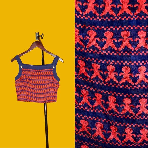 1960s-1970s LANZ People Print Crop Top NOVELTY KISTCH Blue & Red Blouse. XS - Picture 1 of 10